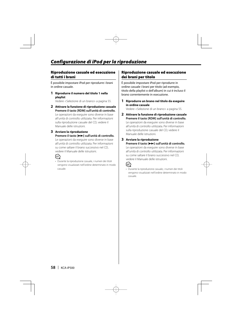 Configurazione di ipod per la riproduzione | Kenwood KCA-iP500 User Manual | Page 58 / 84