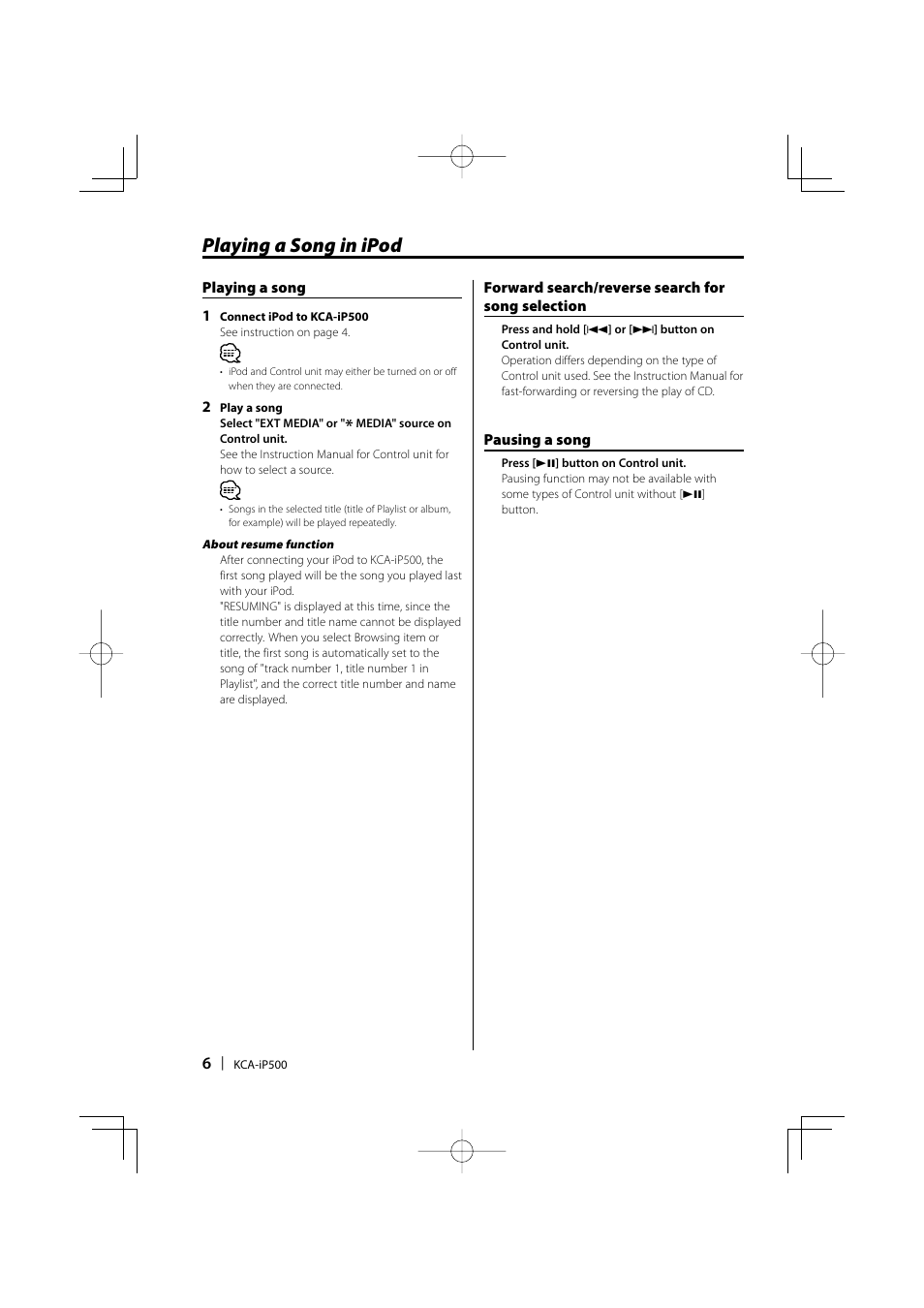 Playing a song in ipod | Kenwood KCA-iP500 User Manual | Page 6 / 84