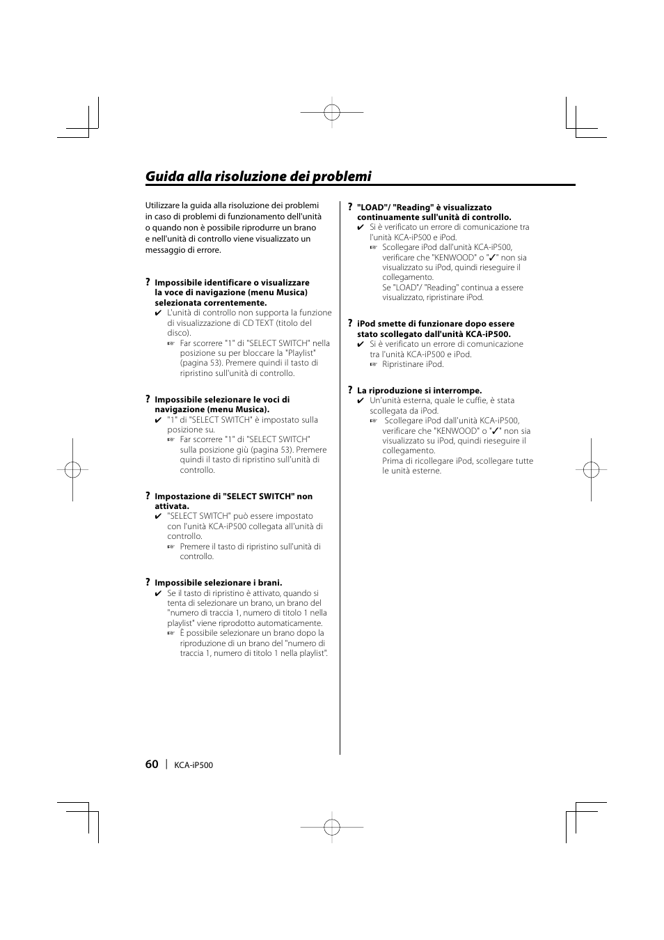 Guida alla risoluzione dei problemi | Kenwood KCA-iP500 User Manual | Page 60 / 84