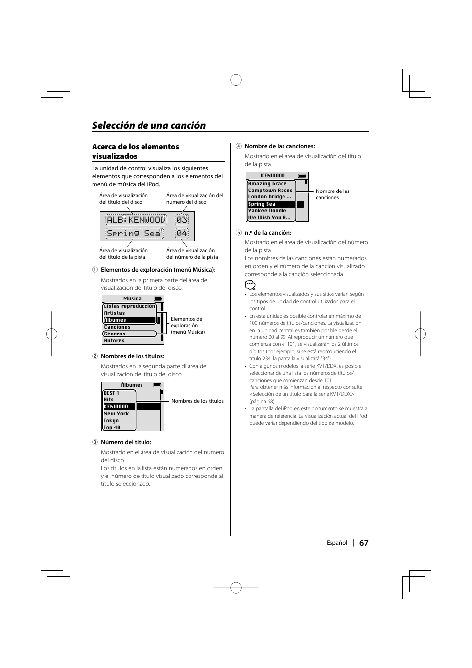 Selección de una canción, Acerca de los elementos visualizados, Alb:kenwood 03 spring sea 04 | Kenwood KCA-iP500 User Manual | Page 67 / 84