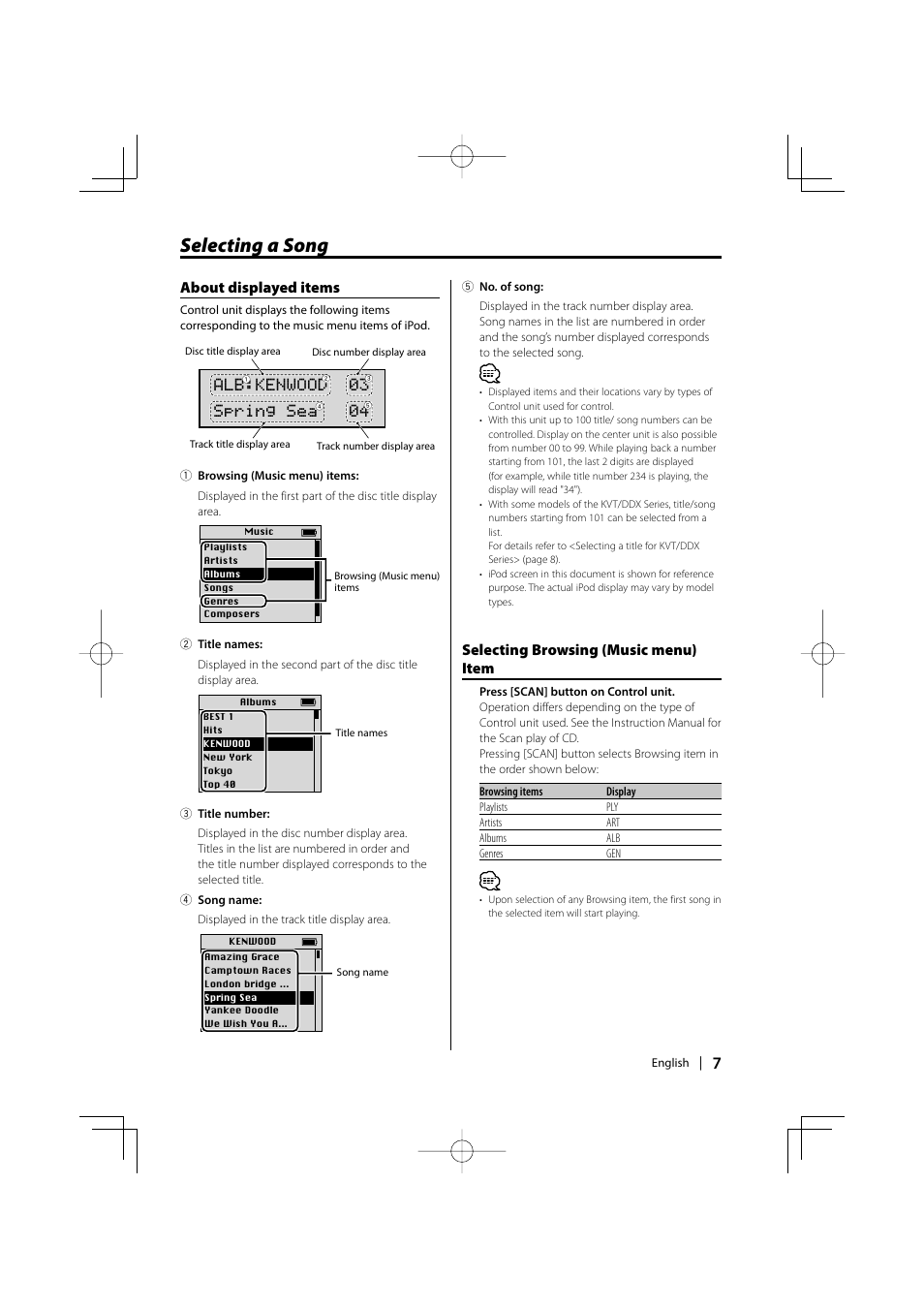 Selecting a song, About displayed items, Selecting browsing (music menu) item | Alb:kenwood 03 spring sea 04 | Kenwood KCA-iP500 User Manual | Page 7 / 84