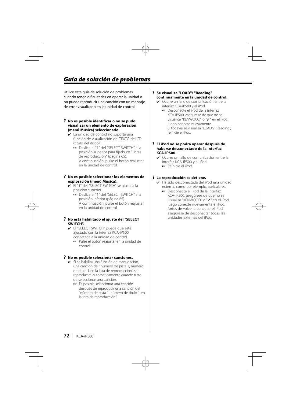 Guía de solución de problemas | Kenwood KCA-iP500 User Manual | Page 72 / 84