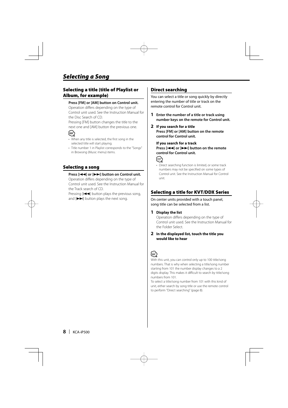 Selecting a song | Kenwood KCA-iP500 User Manual | Page 8 / 84