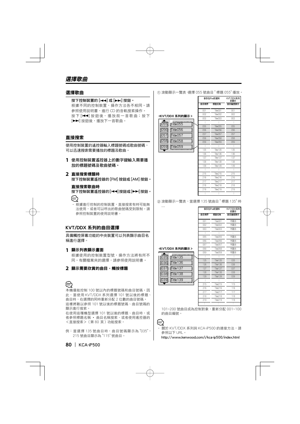 選擇歌曲, 直接搜索, Kvt/ddx 系列的曲目選擇 | Kca-ip500 | Kenwood KCA-iP500 User Manual | Page 80 / 84