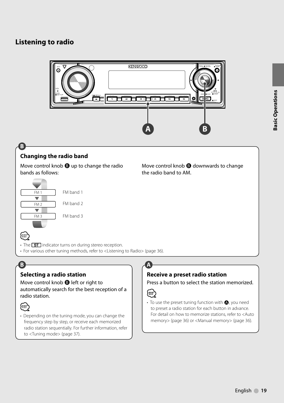 Listening to radio, Changing the radio band, Bselecting a radio station | Breceive a preset radio station, English 19, Basic oper a tions | Kenwood KDV-412 User Manual | Page 19 / 80