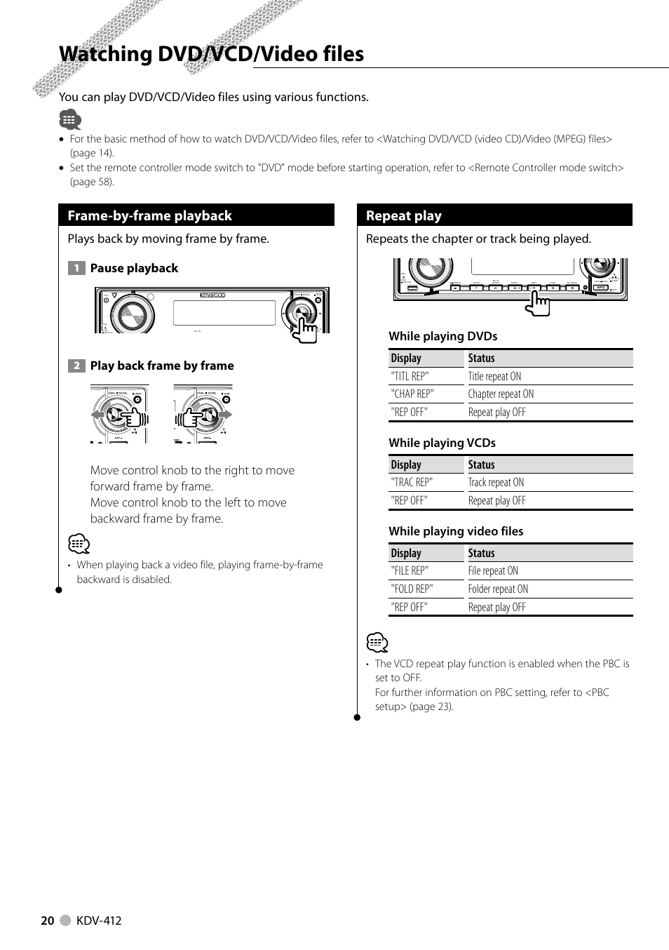 Watching dvd/vcd/video files, Frame-by-frame playback, Repeat play | Plays back by moving frame by frame, Pause playback, Play back frame by frame, Repeats the chapter or track being played | Kenwood KDV-412 User Manual | Page 20 / 80