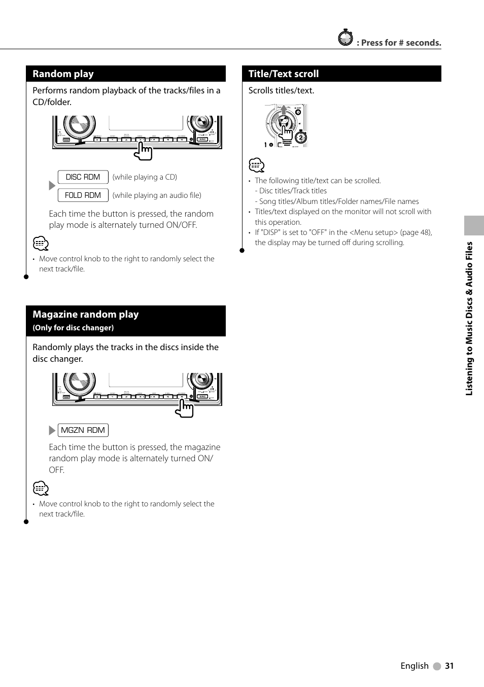 Random play, Magazine random play, Title/text scroll | English 31, Scrolls titles/text, While playing a cd), While playing an audio file), Only for disc changer), Disc rdm fold rdm, Mgzn rdm | Kenwood KDV-412 User Manual | Page 31 / 80