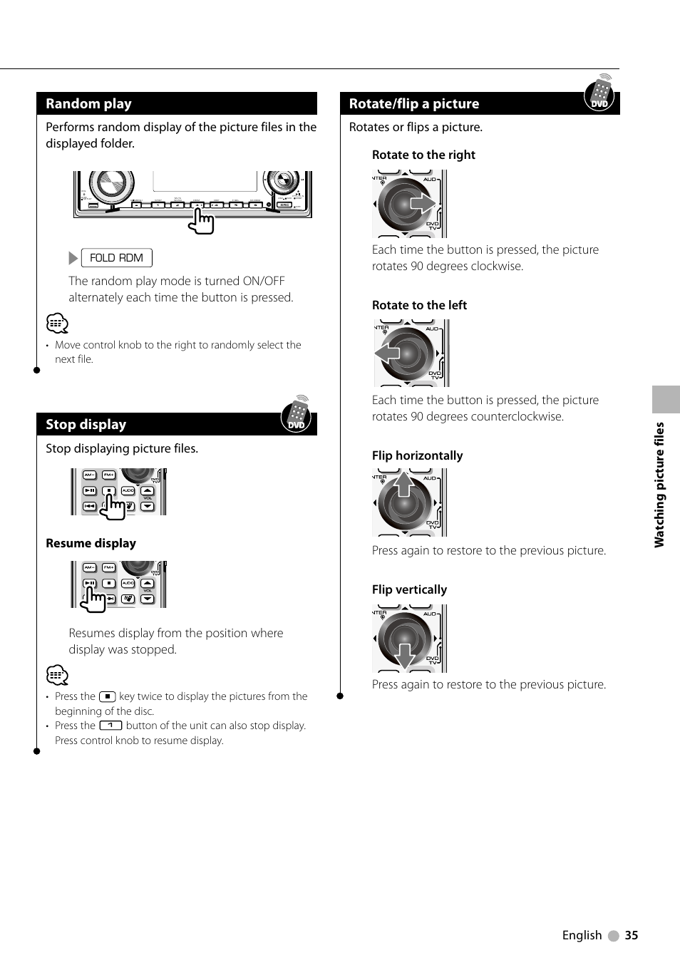 Random play, Stop display, Rotate/flip a picture | English 35 w a tching pic tur e files | Kenwood KDV-412 User Manual | Page 35 / 80