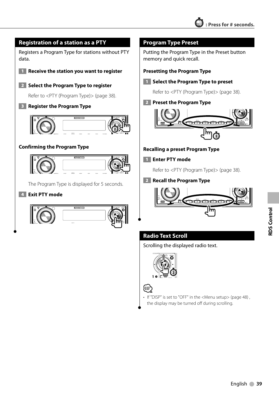 Registration of a station as a pty, Program type preset, Radio text scroll | Receive the station you want to register, Register the program type, Confirming the program type, The program type is displayed for 5 seconds, Exit pty mode, Preset the program type, Recalling a preset program type | Kenwood KDV-412 User Manual | Page 39 / 80