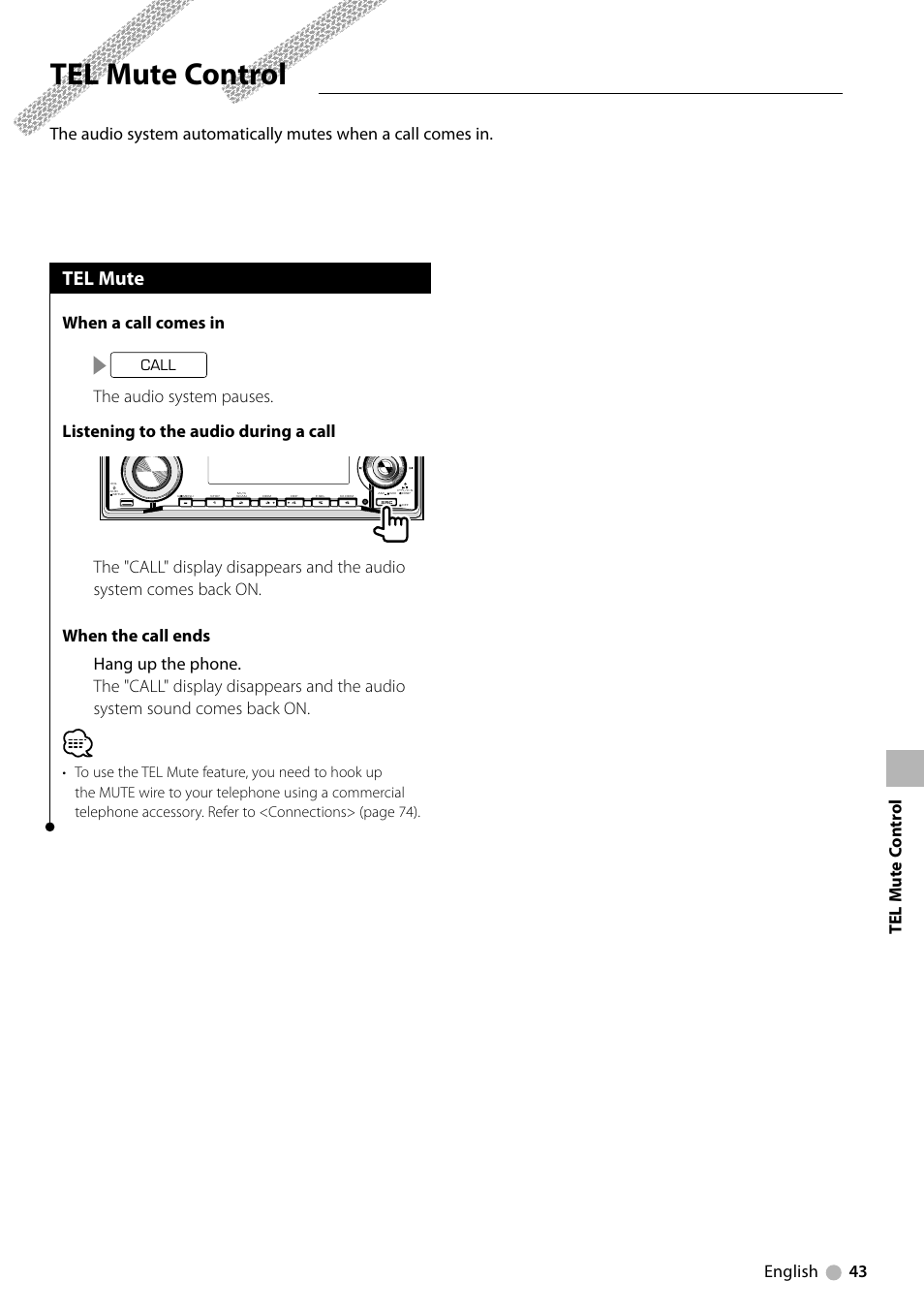 Tel mute control, Tel mute, When a call comes in | Kenwood KDV-412 User Manual | Page 43 / 80