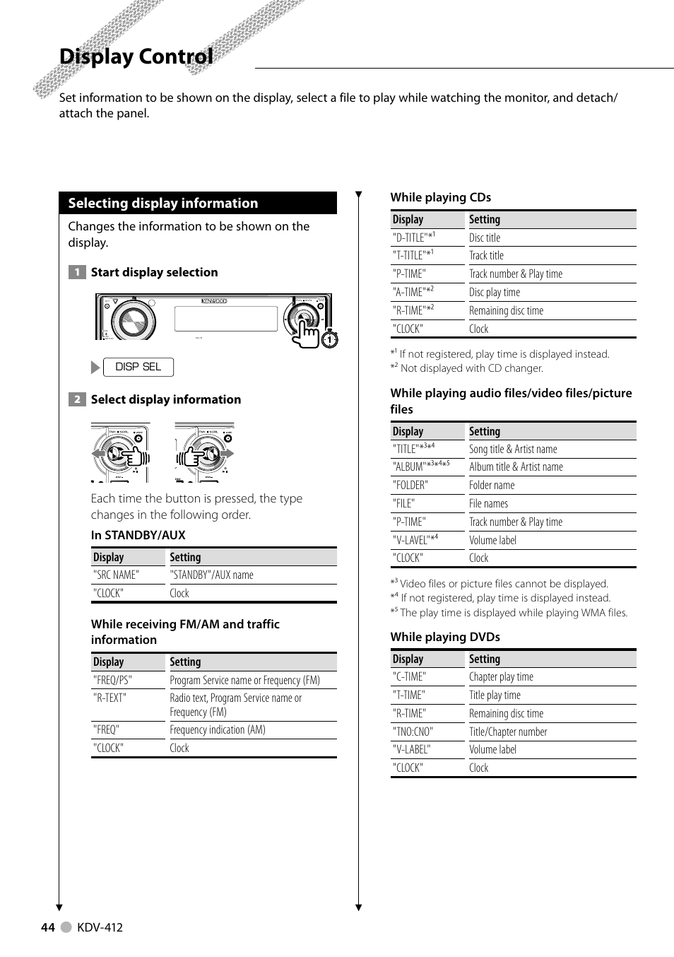 Display control, Selecting display information | Kenwood KDV-412 User Manual | Page 44 / 80