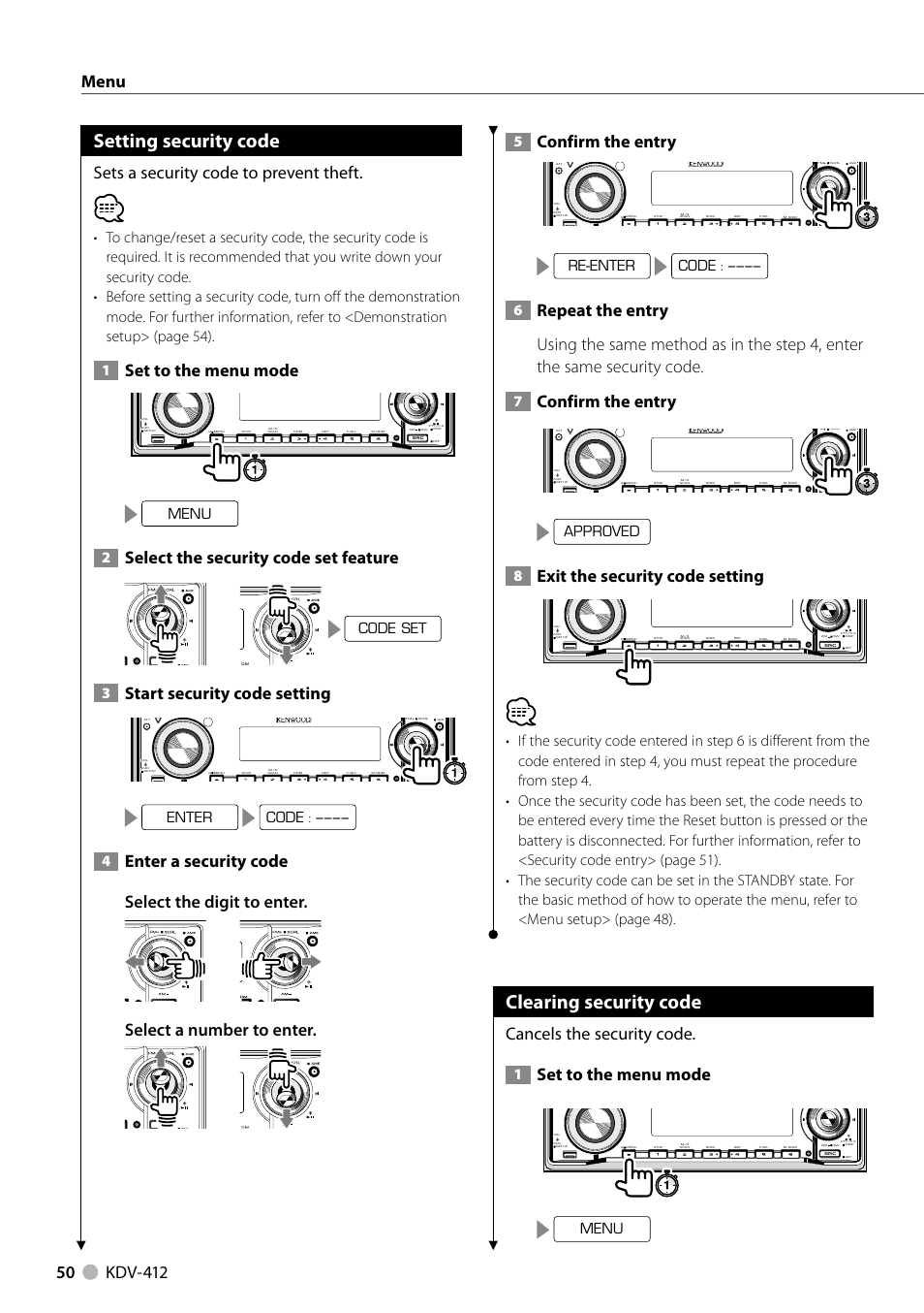 Setting security code, Clearing security code, Sets a security code to prevent theft | Set to the menu mode, Select the security code set feature, Start security code setting, Enter a security code select the digit to enter, Select a number to enter, Confirm the entry, Exit the security code setting | Kenwood KDV-412 User Manual | Page 50 / 80