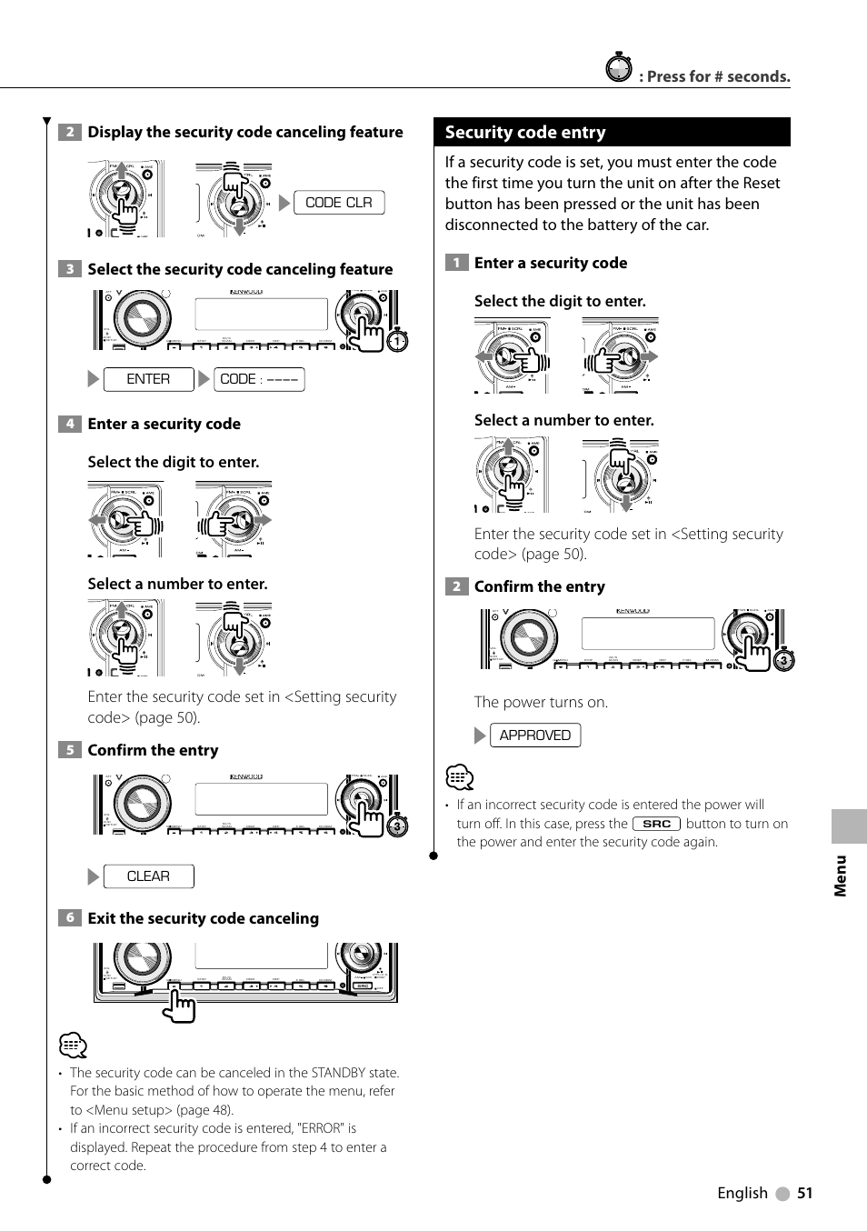 Security code entry, English 51 : press for # seconds, Display the security code canceling feature | Select the security code canceling feature, Enter a security code select the digit to enter, Select a number to enter, Confirm the entry, Exit the security code canceling, The power turns on, Menu | Kenwood KDV-412 User Manual | Page 51 / 80