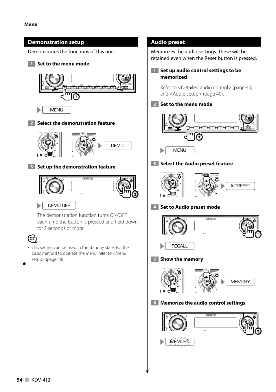 Demonstration setup, Audio preset, Demonstrates the functions of this unit | Set to the menu mode, Select the demonstration feature, Set up the demonstration feature, Select the audio preset feature, Set to audio preset mode, Menu, Demo | Kenwood KDV-412 User Manual | Page 54 / 80