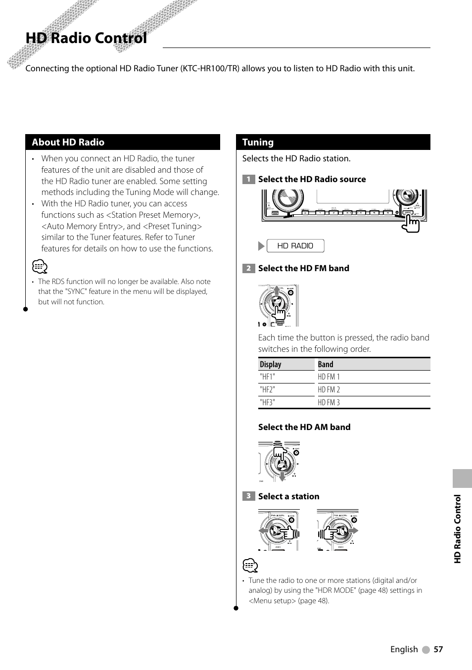 Hd radio control, About hd radio, Tuning | English 57, Selects the hd radio station, Select the hd radio source, Select a station | Kenwood KDV-412 User Manual | Page 57 / 80