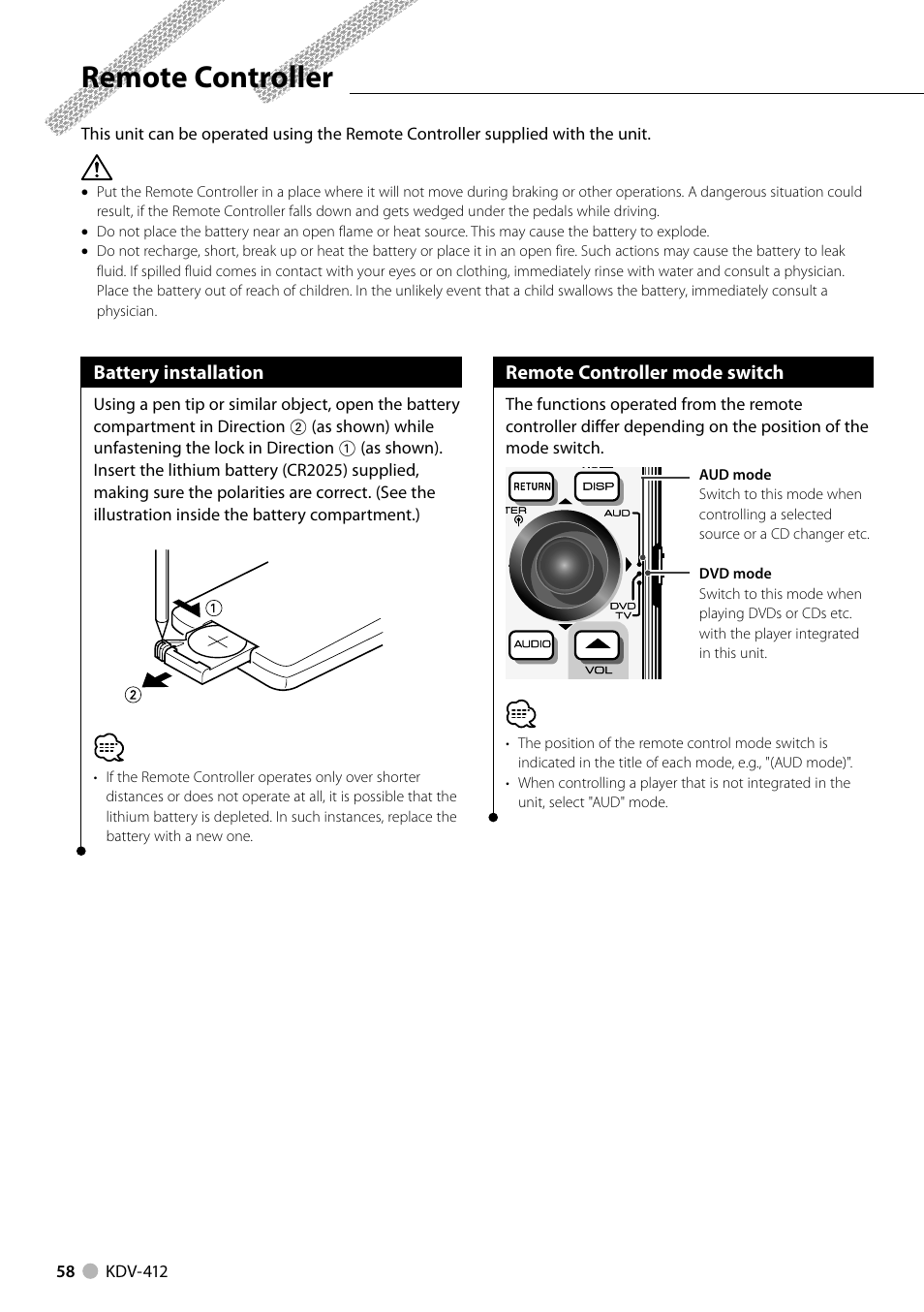 Remote controller | Kenwood KDV-412 User Manual | Page 58 / 80
