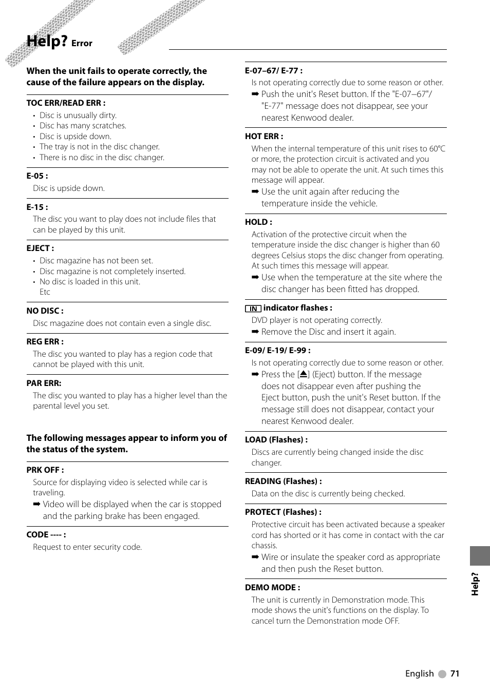 Help | Kenwood KDV-412 User Manual | Page 71 / 80