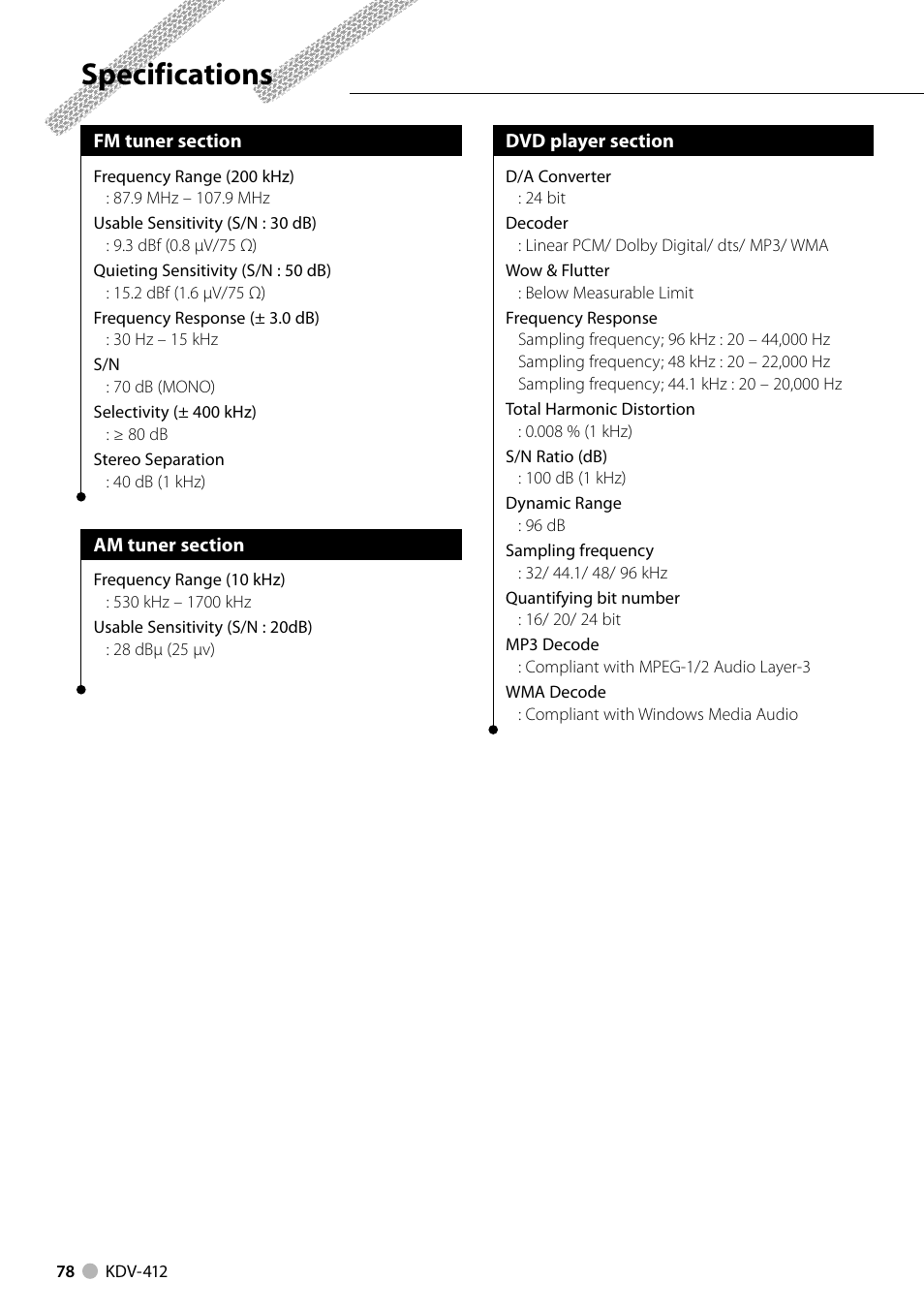 Specifications | Kenwood KDV-412 User Manual | Page 78 / 80