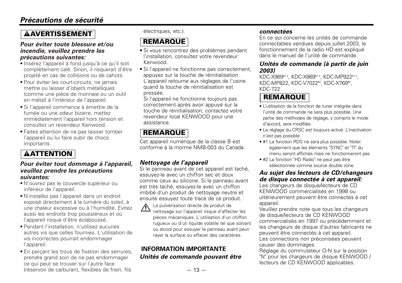 Precautions de securite, Précautions de sécurité, 2 attention 2 avertissement | Remarque | Kenwood KTC-HR100 User Manual | Page 13 / 32