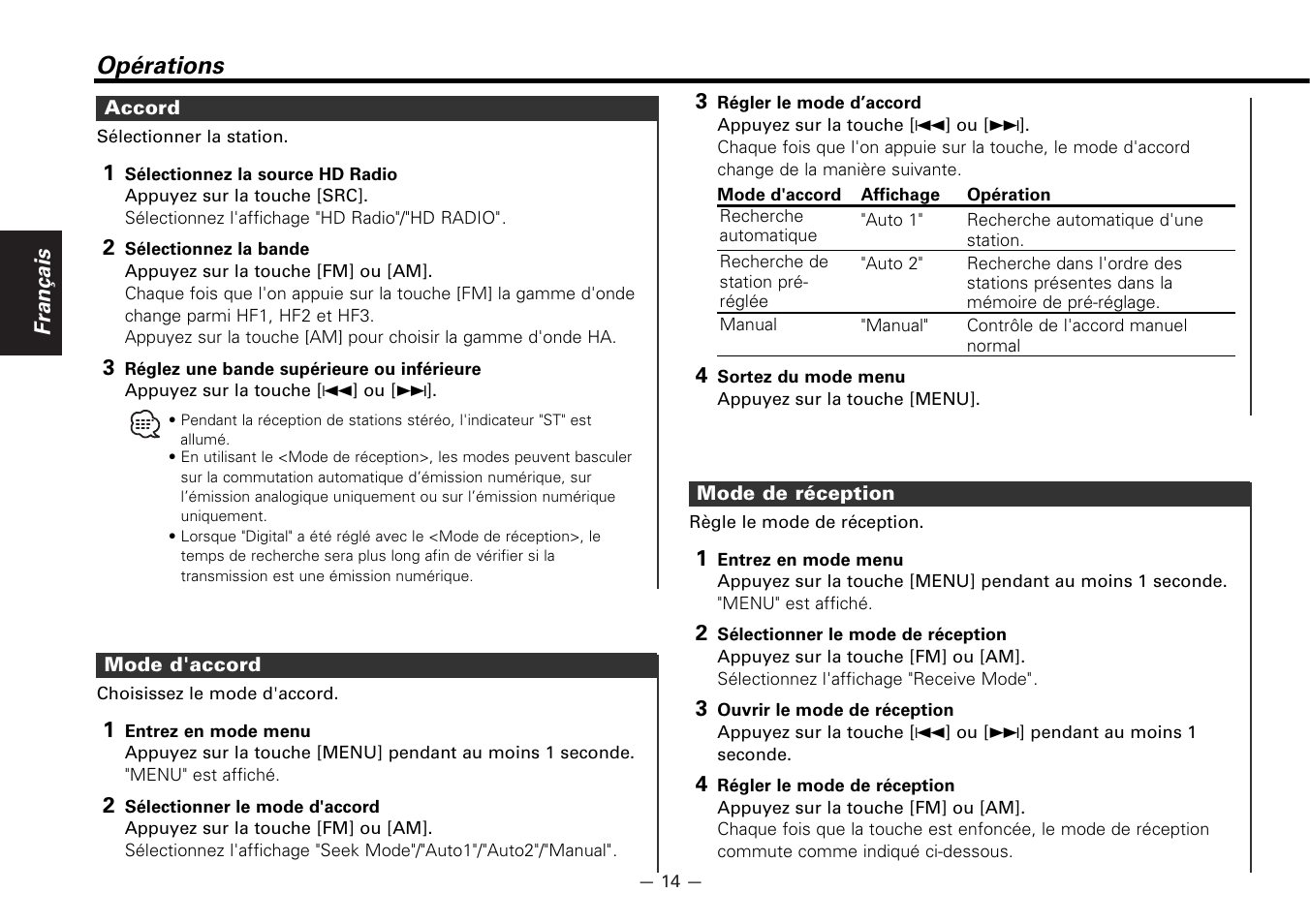 Operations, Accord, Mode d'accord | Mode de reception, Opérations | Kenwood KTC-HR100 User Manual | Page 14 / 32