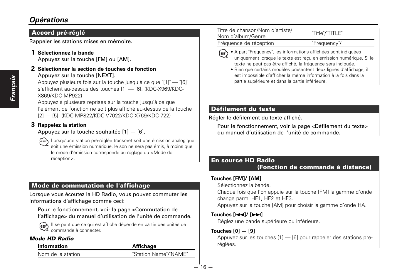 Accord pre-regle, Mode de commutation de l'affichage, Defilement du texte | En source hd radio, Opérations | Kenwood KTC-HR100 User Manual | Page 16 / 32