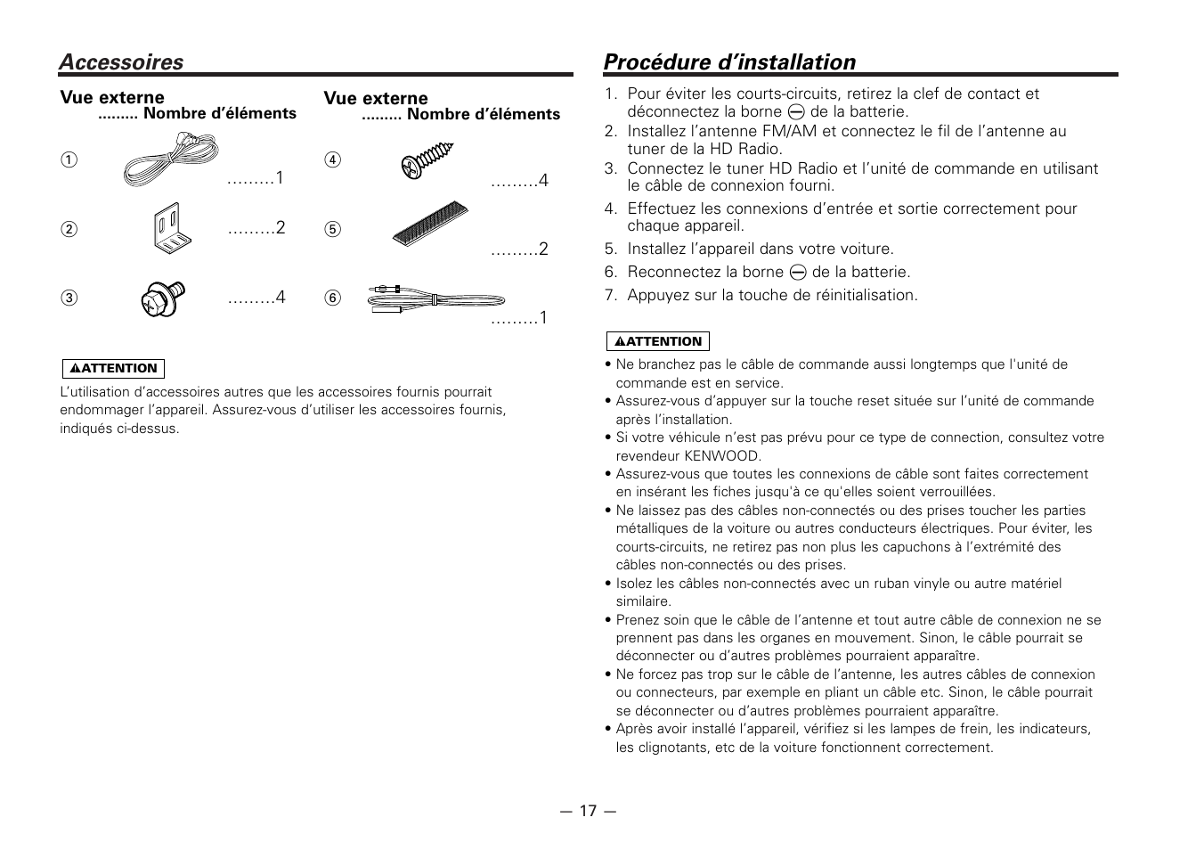 Accessoires, Procedure d’installation, Procédure d’installation | Kenwood KTC-HR100 User Manual | Page 17 / 32