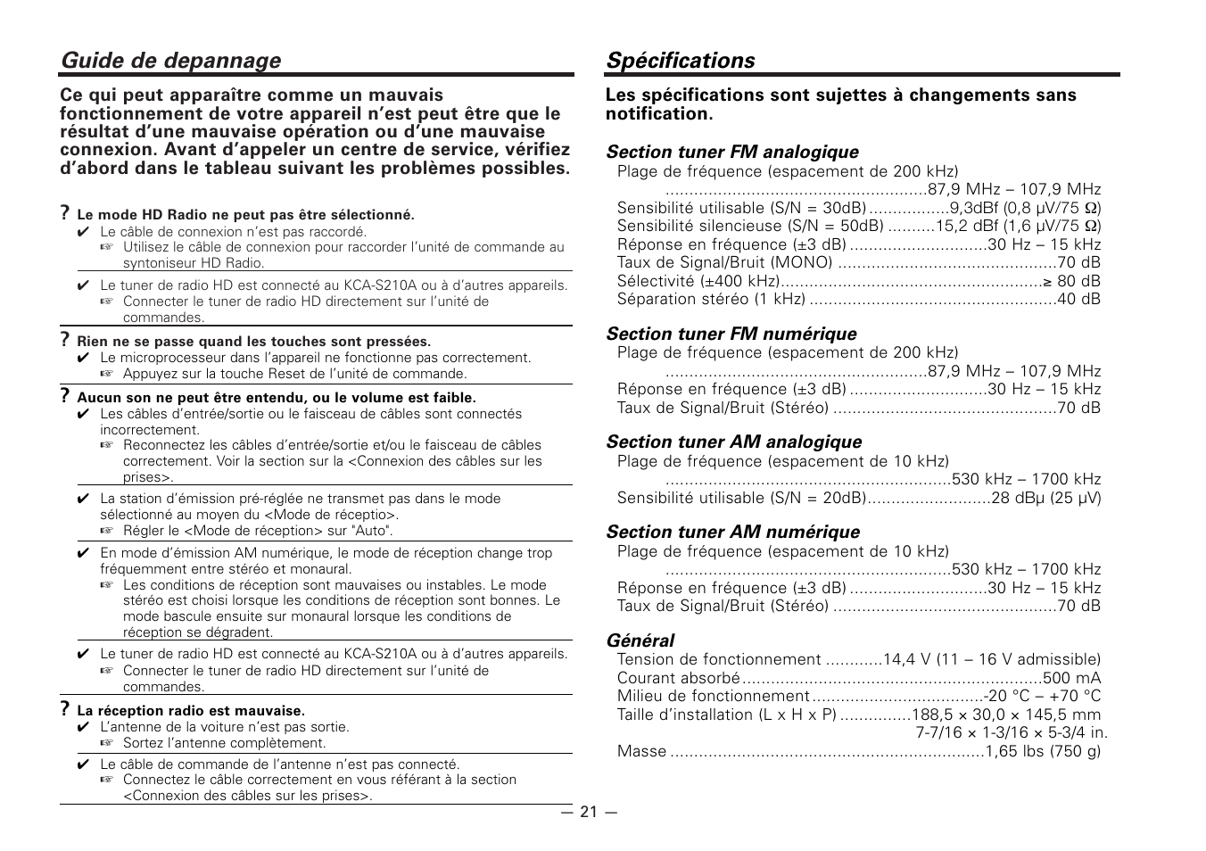 Guide de depannage, Specifications, Spécifications | Kenwood KTC-HR100 User Manual | Page 21 / 32