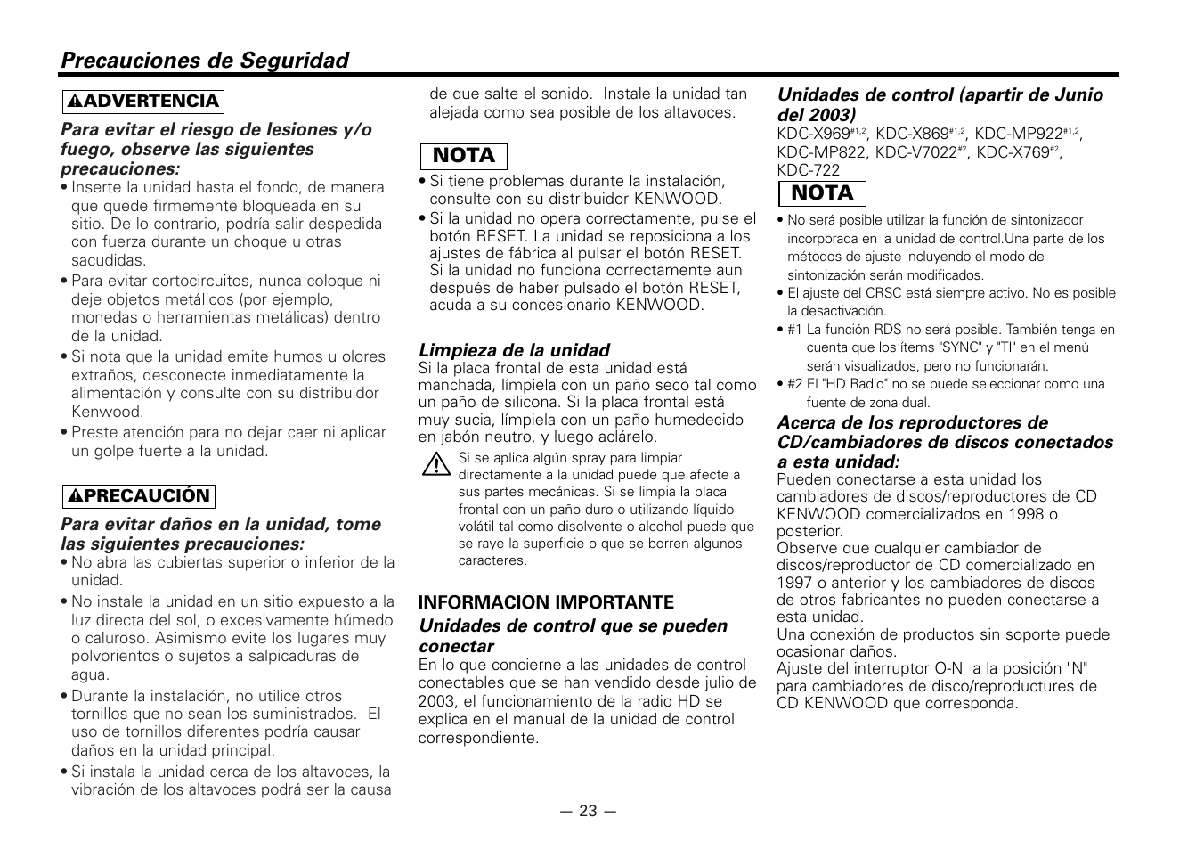 Precauciones de seguridad, Nota | Kenwood KTC-HR100 User Manual | Page 23 / 32