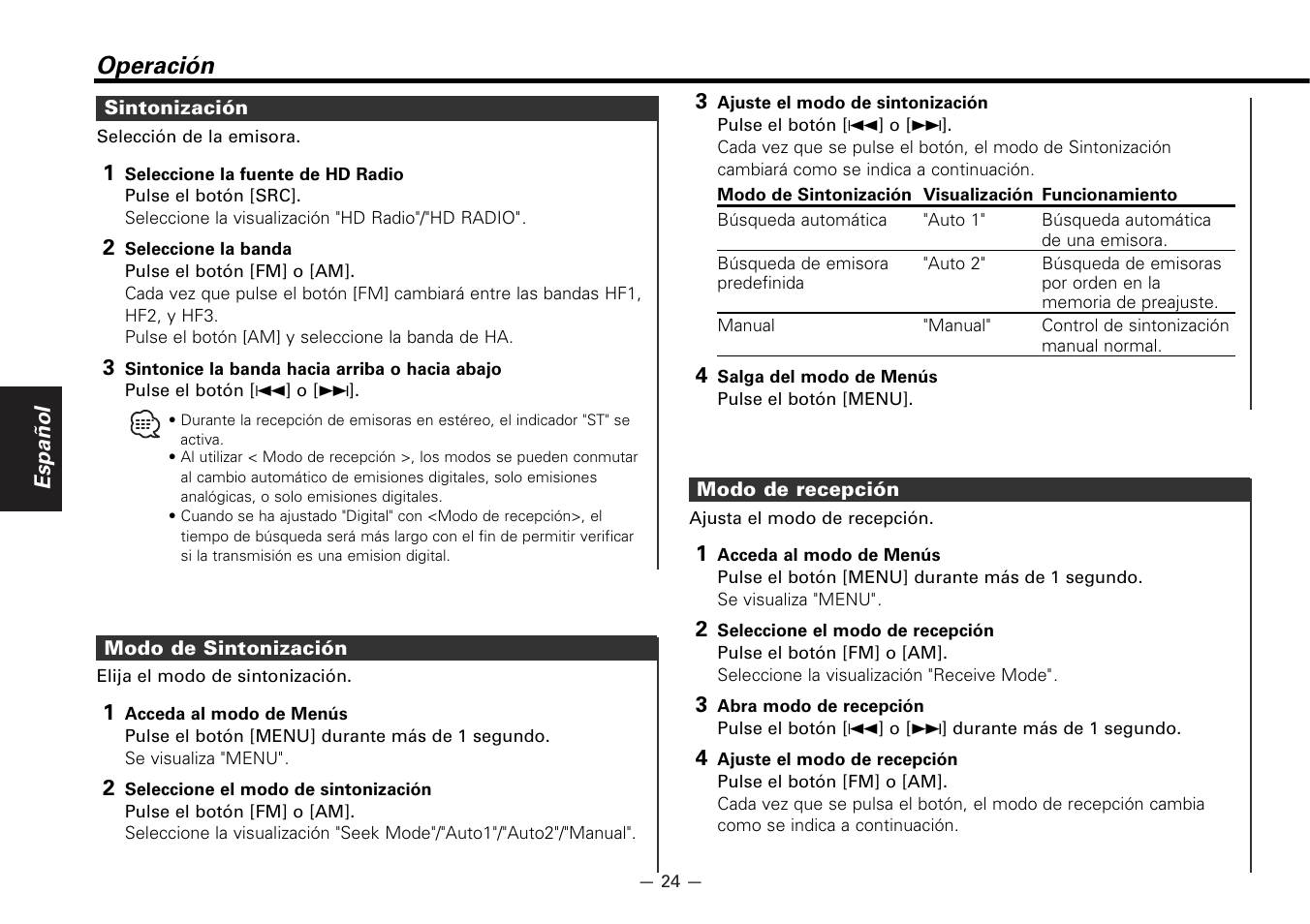 Operacion, Sintonizacion, Modo de sintonizacion | Modo de recepcion, Operación | Kenwood KTC-HR100 User Manual | Page 24 / 32