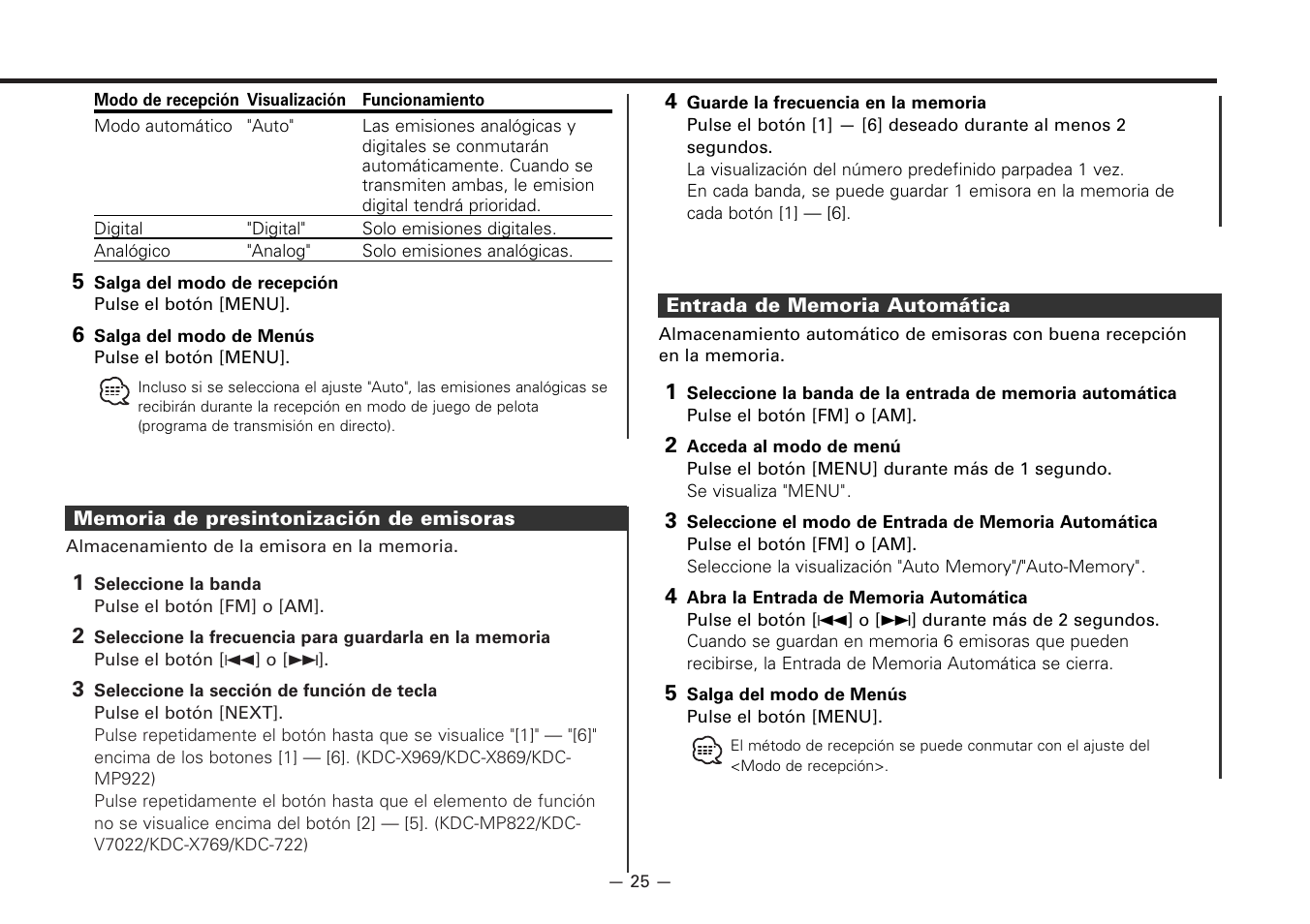 Memoria de presintonizacion de emisoras, Entrada de memoria automatica | Kenwood KTC-HR100 User Manual | Page 25 / 32