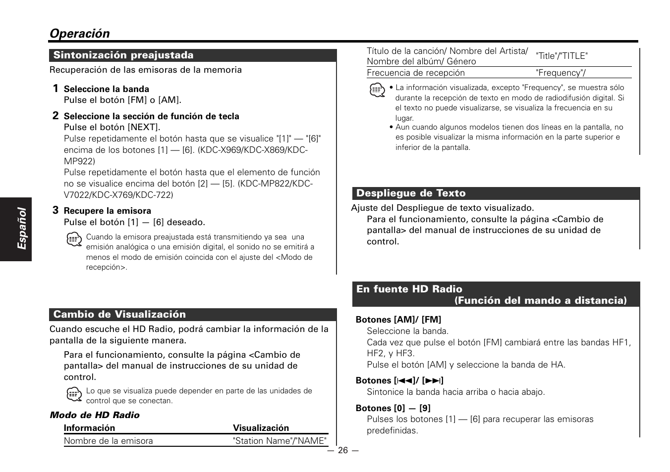 Sintonizacion preajustada, Cambio de visualizacion, Despliegue de texto | En fuente hd radio, Operación | Kenwood KTC-HR100 User Manual | Page 26 / 32