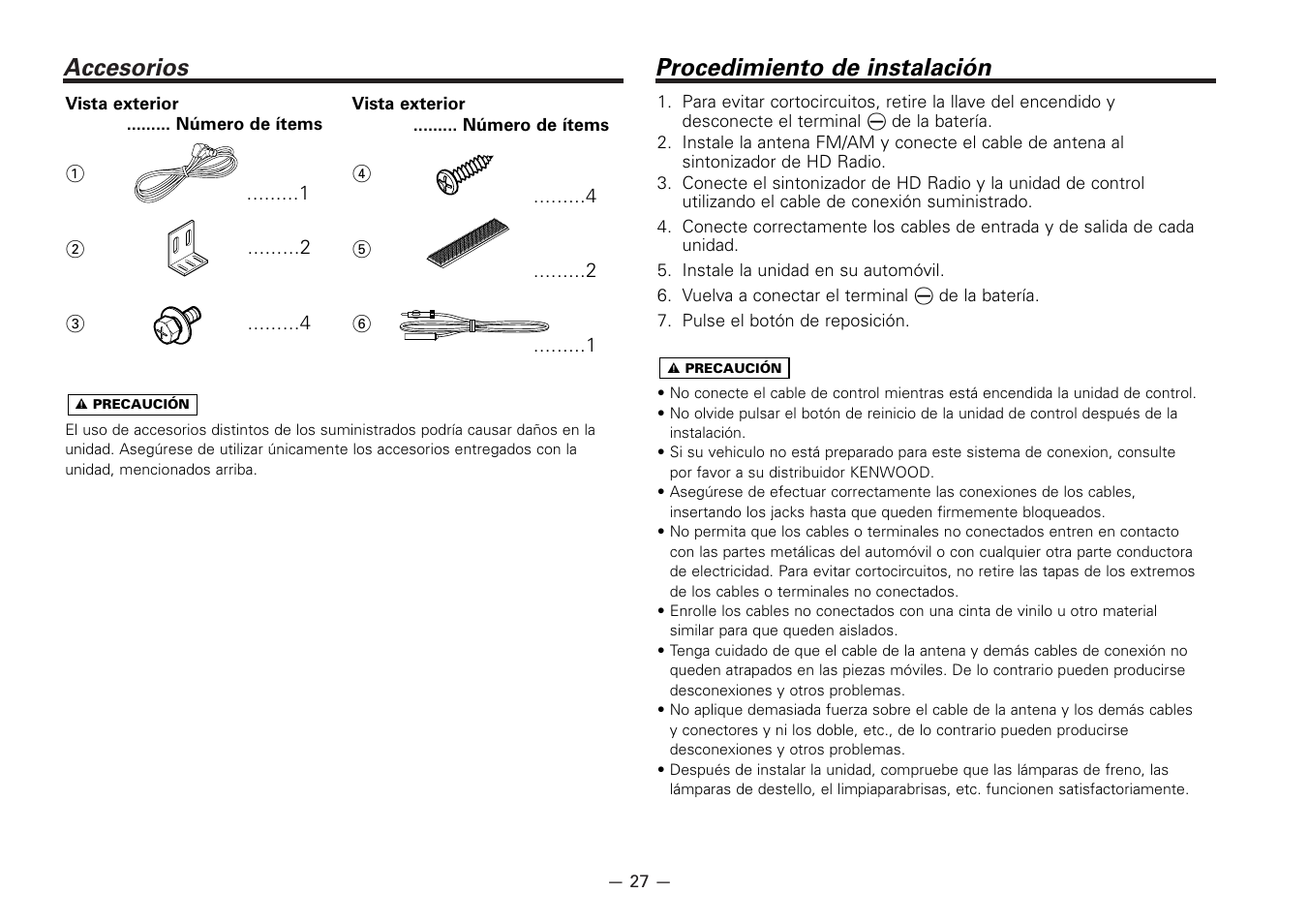 Accesorios, Procedimiento de instalacion, Procedimiento de instalación | Kenwood KTC-HR100 User Manual | Page 27 / 32