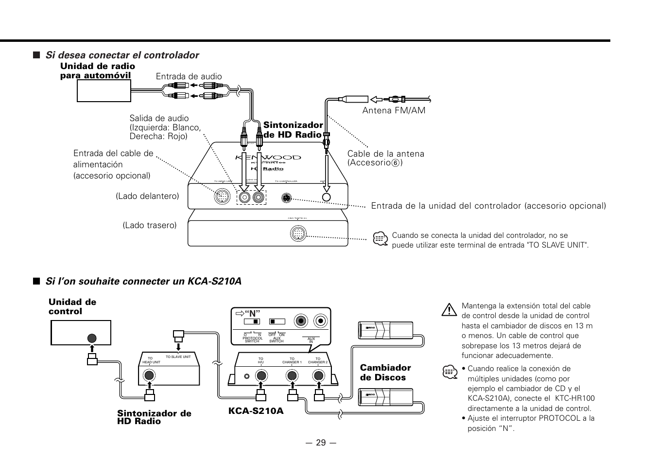 Si desea conectar el controlador, Si l’on souhaite connecter un kca-s210a | Kenwood KTC-HR100 User Manual | Page 29 / 32