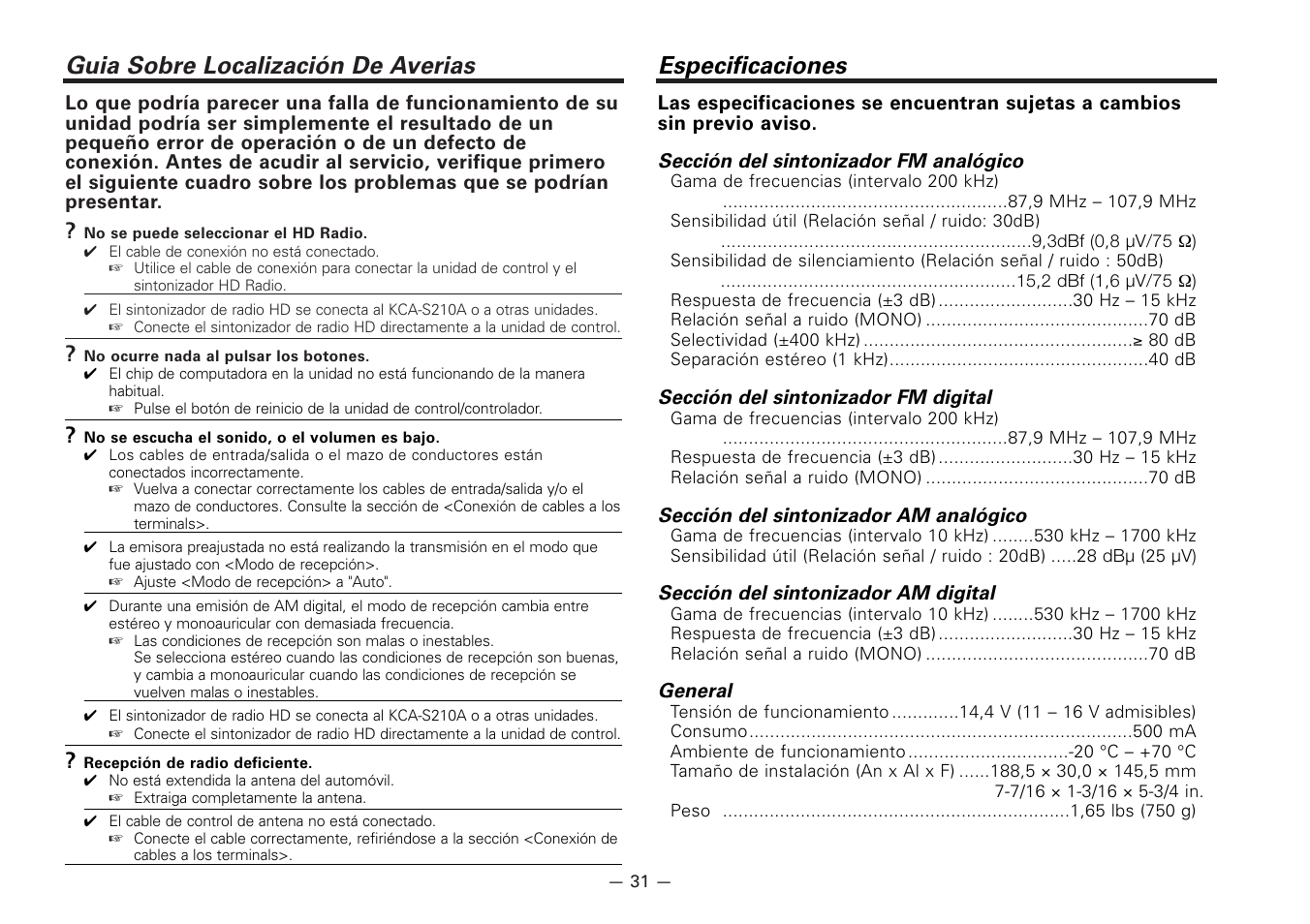 Guia sobre localizacion de averias, Especificaciones, Guia sobre localización de averias | Kenwood KTC-HR100 User Manual | Page 31 / 32