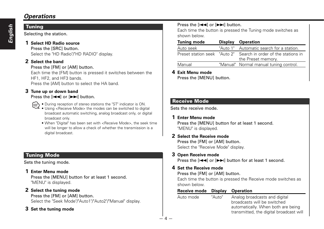 Operations, Tuning, Tuning mode | Receive mode | Kenwood KTC-HR100 User Manual | Page 4 / 32