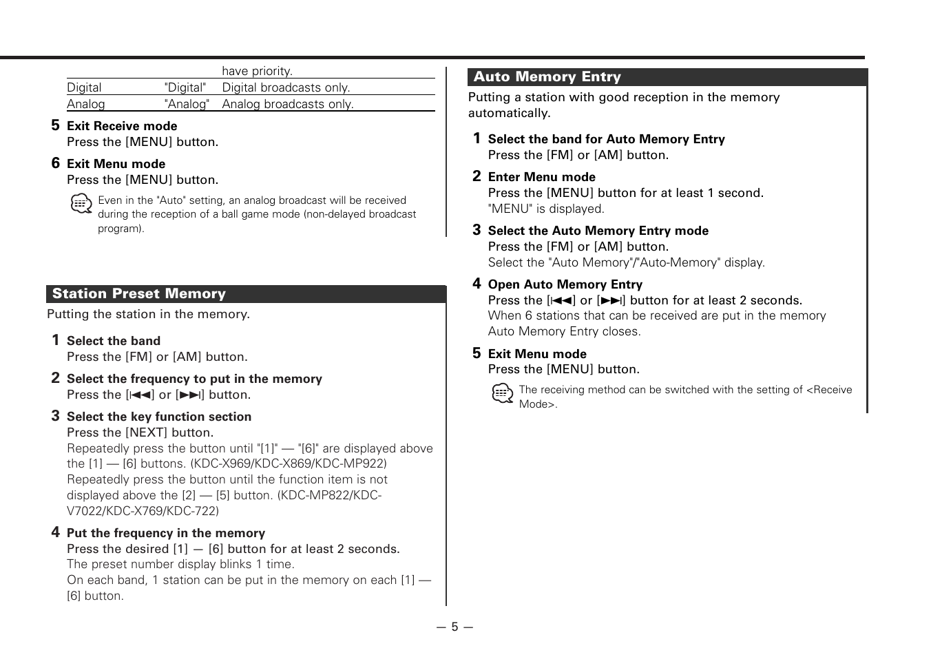 Station preset memory, Auto memory entry | Kenwood KTC-HR100 User Manual | Page 5 / 32