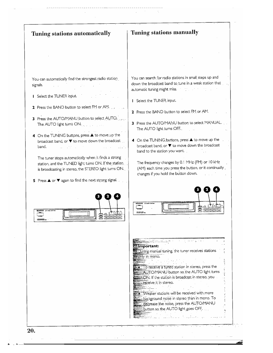 Tuning stations automatically, Tuning stations manually | Kenwood SPECTRUM 850 AV User Manual | Page 20 / 56