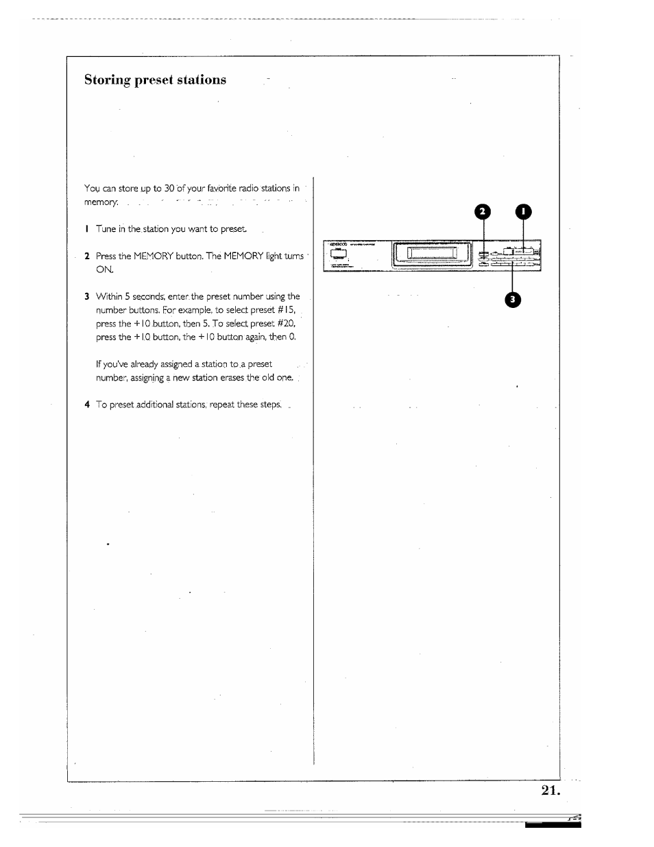 Storing preset stations | Kenwood SPECTRUM 850 AV User Manual | Page 21 / 56