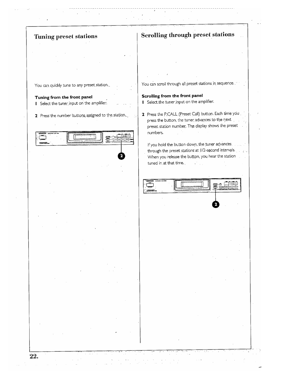 Tuning from the front panel, Scrolling from the front panel, Tuning preset stations | Scrolling through preset stations | Kenwood SPECTRUM 850 AV User Manual | Page 22 / 56