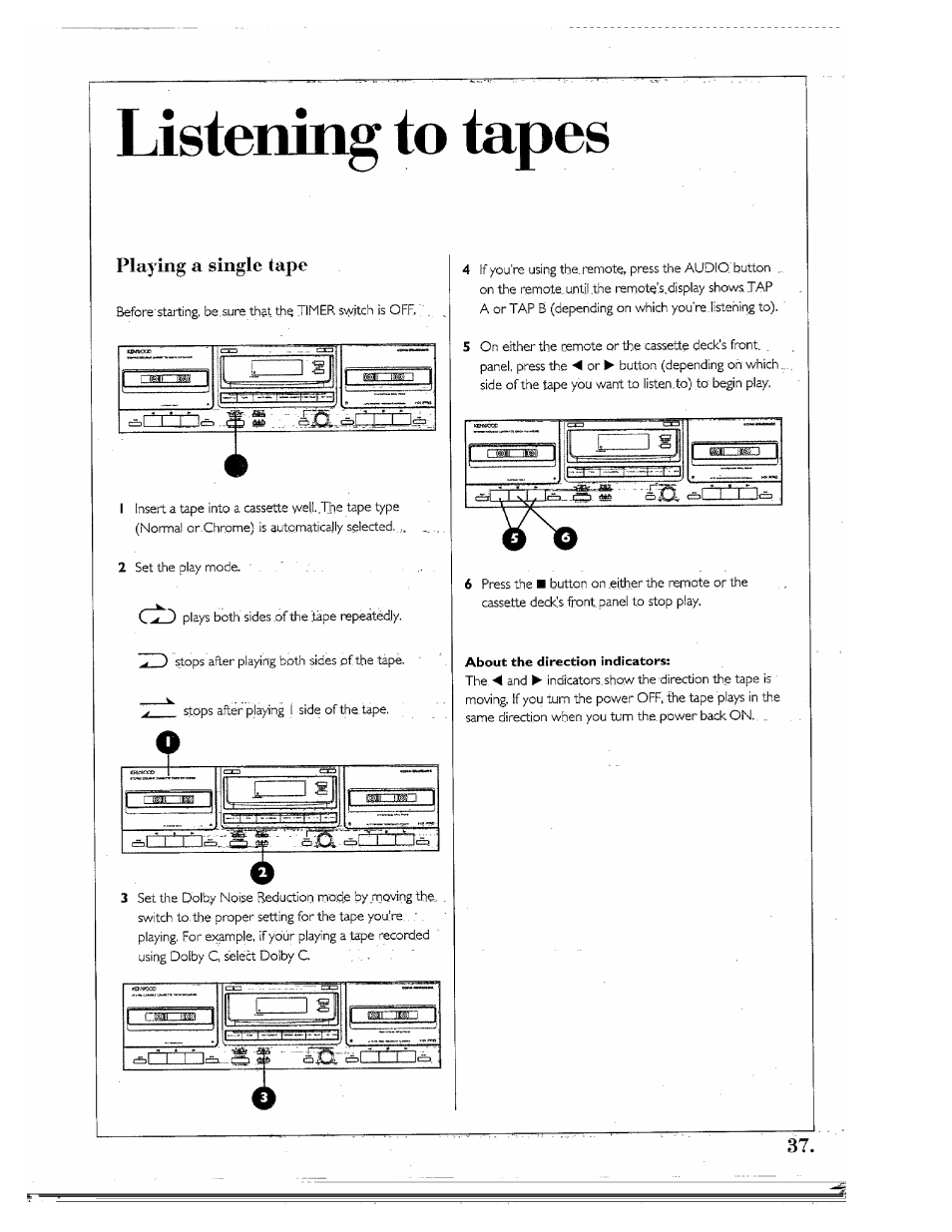 Listening to tapes, Playing a single tape | Kenwood SPECTRUM 850 AV User Manual | Page 37 / 56