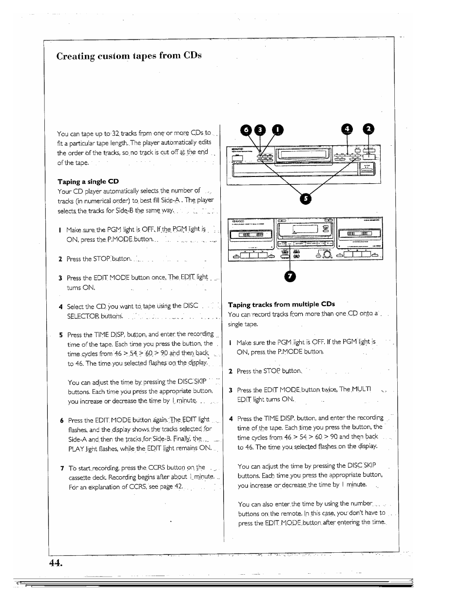 Taping tracks from multiple cds, Creating custom tapes from cds | Kenwood SPECTRUM 850 AV User Manual | Page 44 / 56