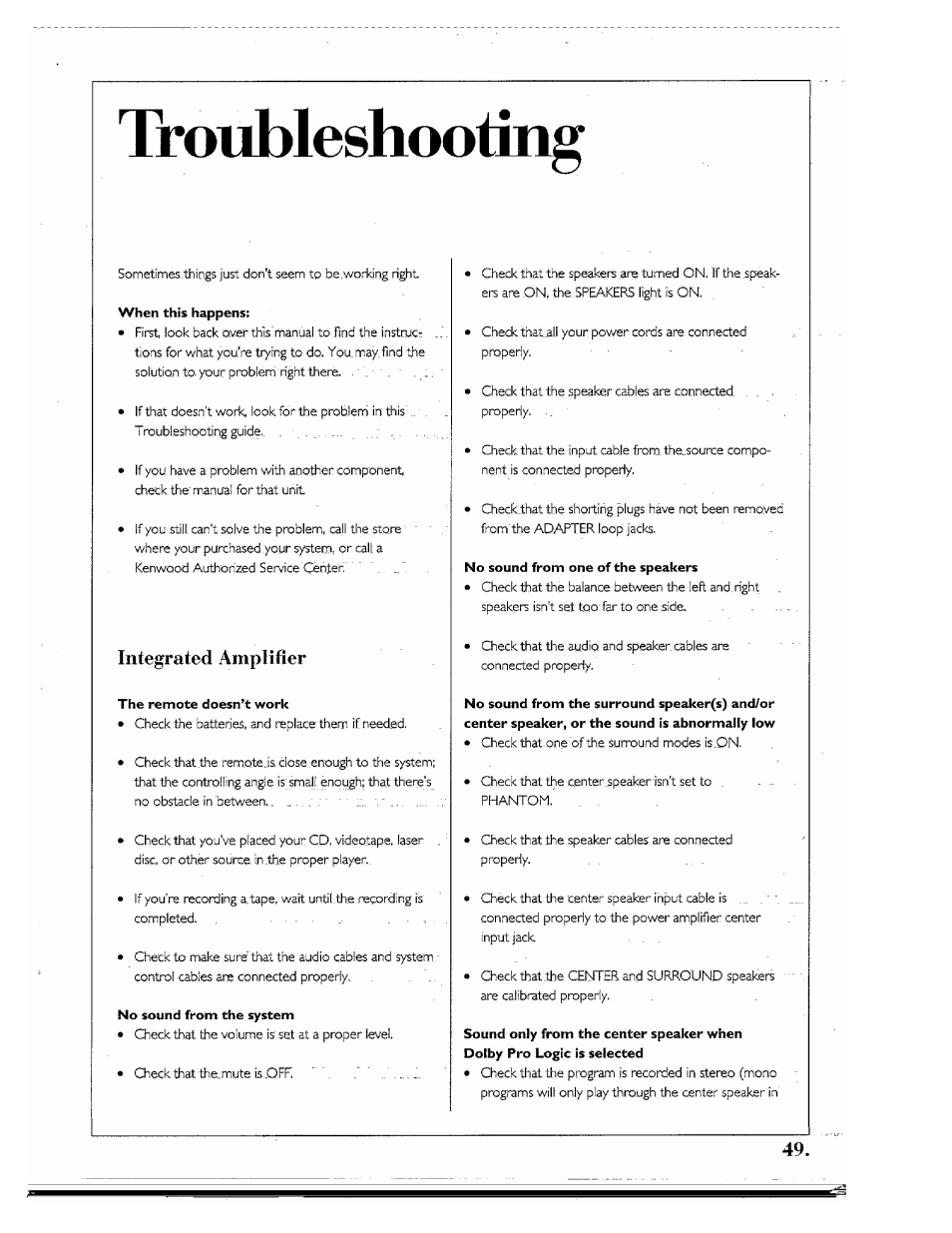 Troubleshot, Ating, Integrated amplifier | Kenwood SPECTRUM 850 AV User Manual | Page 49 / 56