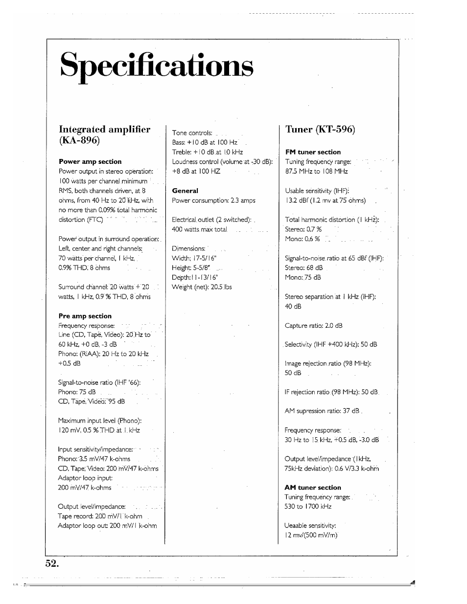 Specifications, Integrated amplifier (ka-896), Tuner (kt-596) | Kenwood SPECTRUM 850 AV User Manual | Page 52 / 56