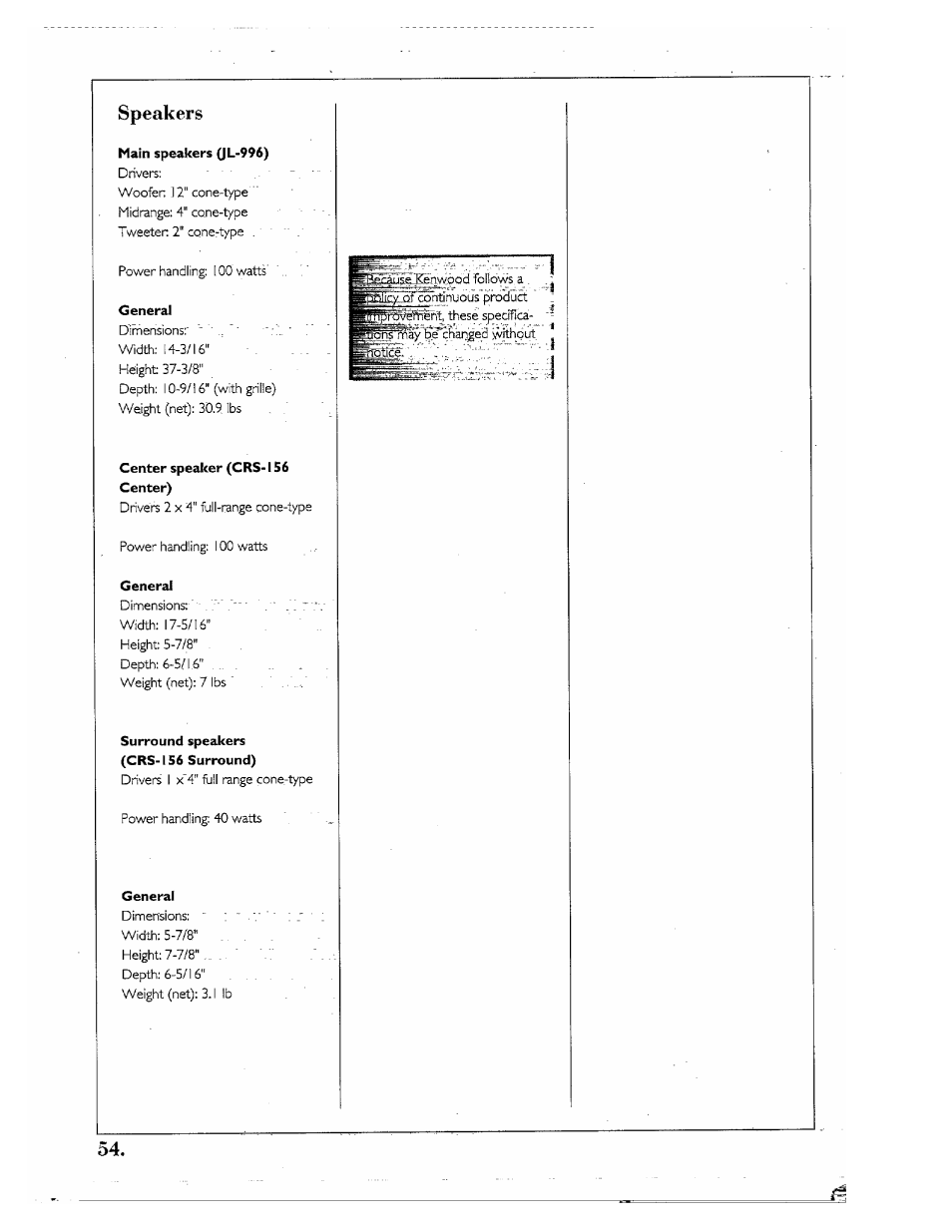 Speakers | Kenwood SPECTRUM 850 AV User Manual | Page 54 / 56