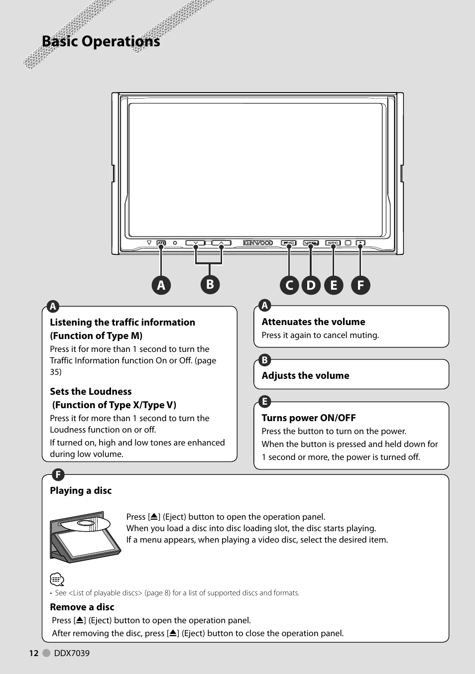 Basic operations | Kenwood DDX7039M User Manual | Page 12 / 96