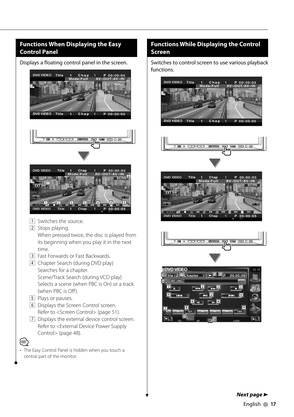 Functions when displaying the easy control panel, Functions while displaying the control screen, English 17 | Displays a floating control panel in the screen, Next page 3 | Kenwood DDX7039M User Manual | Page 17 / 96