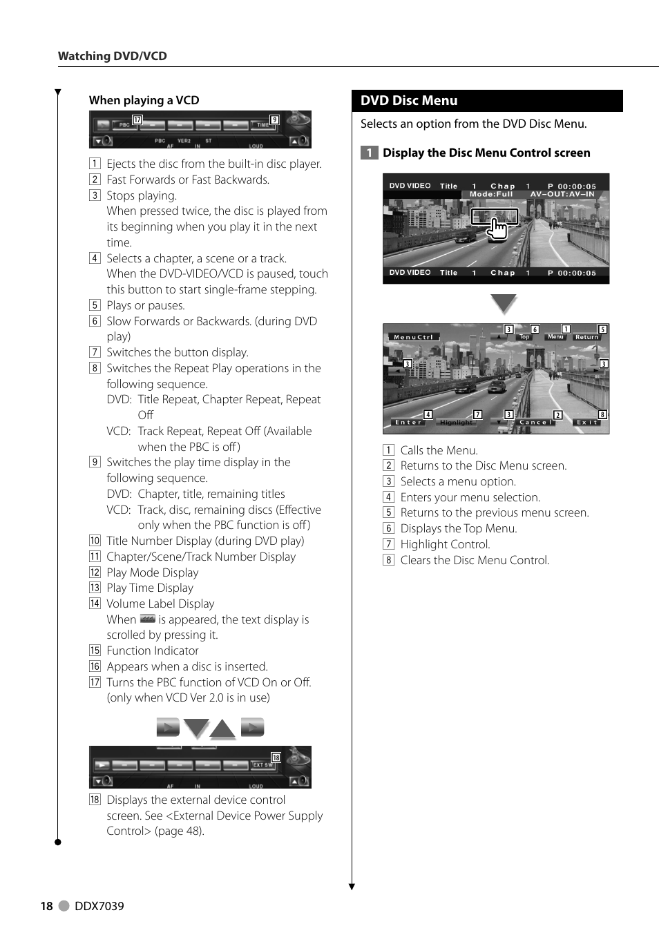 Dvd disc menu | Kenwood DDX7039M User Manual | Page 18 / 96