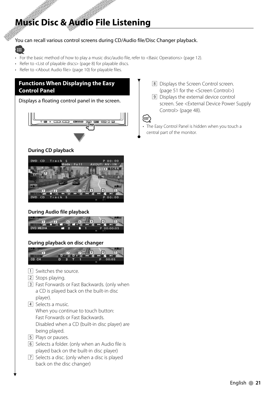 Music disc & audio file listening, Functions when displaying the easy control panel | Kenwood DDX7039M User Manual | Page 21 / 96