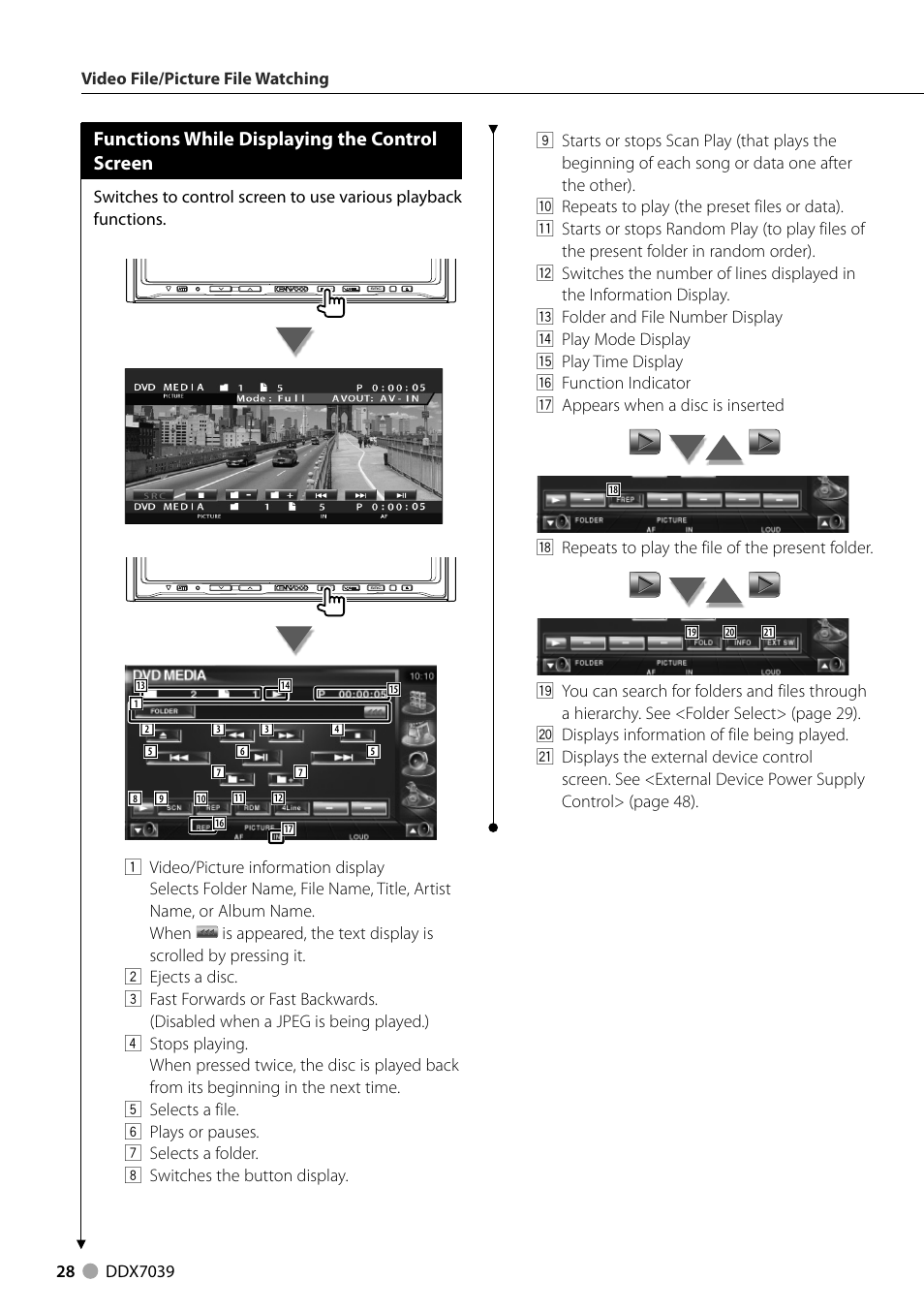 Functions while displaying the control screen, I repeats to play the file of the present folder | Kenwood DDX7039M User Manual | Page 28 / 96