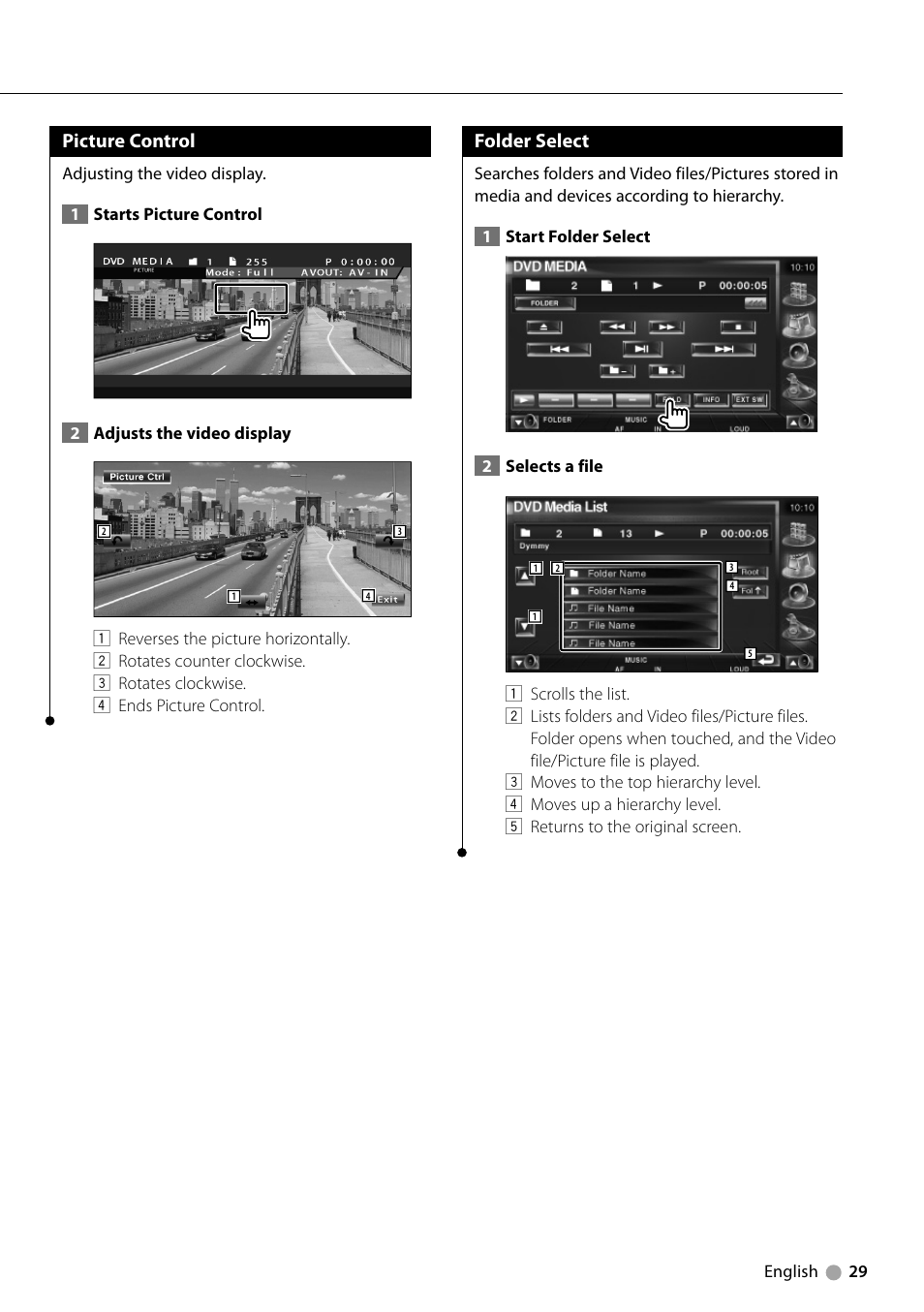 Picture control, Folder select | Kenwood DDX7039M User Manual | Page 29 / 96